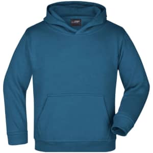 A hooded sweatshirt in teal, featuring a front pocket and a hood. The garment has a logo on the label.