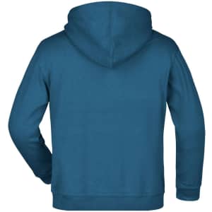 A hooded sweatshirt in teal, featuring a simple design and a back view. It has a logo on the back.