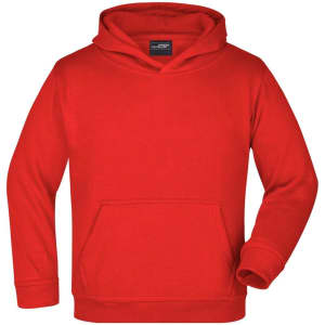 A red hooded sweatshirt with a front pocket and a logo on the label. Suitable for juniors.