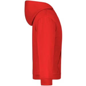 A red hooded sweatshirt featuring a hood and long sleeves, with a logo on the front.