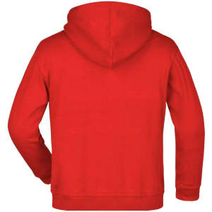 A red hooded sweatshirt with a plain back and a hood. It features one logo on the design.