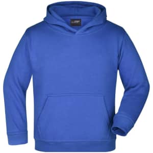 A blue hooded sweatshirt with a front pocket and a logo on the label.