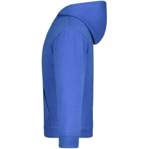 A blue hooded sweatshirt with a side view, featuring a hood and a simple design. It has a small logo on the garment.