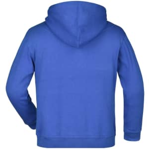 A blue hooded sweatshirt with a kangaroo pocket and a hood, featuring a logo on the back.