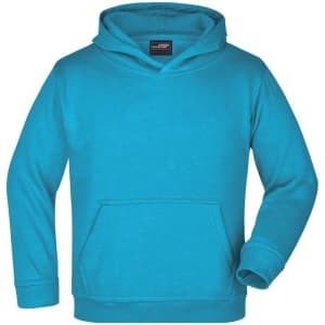A turquoise hooded sweatshirt with a front pocket and a logo on the label.