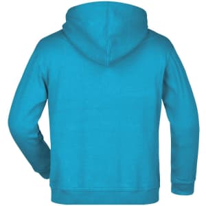 A bright turquoise hooded sweatshirt with a simple design and a logo on the back.