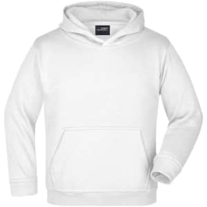 A white hooded sweatshirt for juniors featuring a front pocket and a hood. The product has a logo.