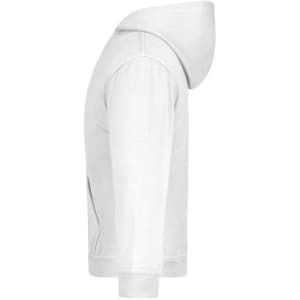 A white hooded junior sweatshirt with a side view, featuring a hood and long sleeves. It has a logo on the front.