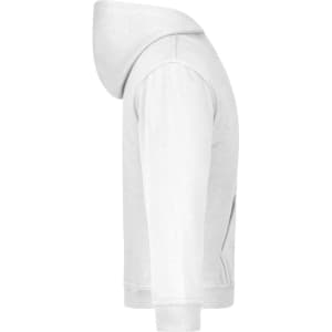 A white hooded sweatshirt for juniors, featuring a side view with a hood and long sleeves. Branding visible.