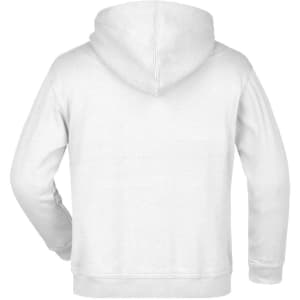 A white hooded sweatshirt with a back view, featuring a large hood and a waistband. It has a logo.