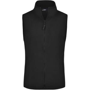A black microfleece vest with a zip front and a collar. It features a logo on the front.