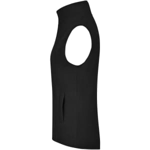 A black microfleece vest with a high collar and sleeveless design, featuring a side pocket.