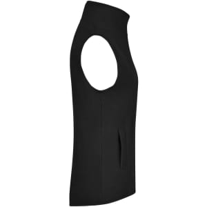 A black microfleece vest with sleeveless design and a side pocket, featuring a logo.