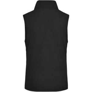 A black microfleece vest featuring a high collar and no sleeves, with a branding logo on the back.