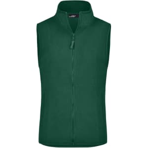 A green microfleece vest with a zip closure, featuring a high collar and no sleeves. It has a logo on the front.