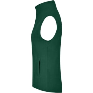 A green microfleece vest with a high collar and sleeveless design, featuring a side pocket and a logo.