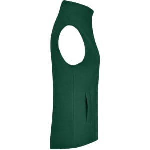 A green microfleece vest featuring a high collar and no sleeves, with a side pocket and a branding logo.