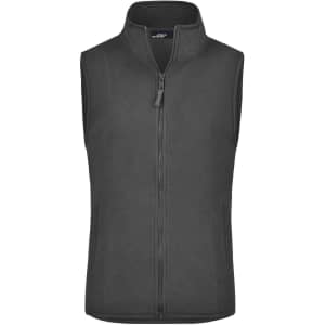 A dark grey microfleece vest featuring a zip closure and a collar. It has a branding logo.
