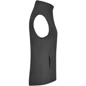 A grey microfleece vest with a high collar and side pockets, featuring a logo.