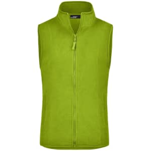 A green microfleece vest with a zip closure and no sleeves. It features side pockets and a logo on the chest.