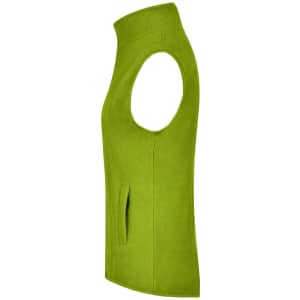 A green microfleece vest with a high collar and side pocket, featuring no sleeves and a fitted design.