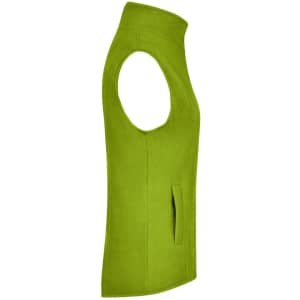 A green microfleece vest with a high collar and no sleeves, featuring a side pocket.
