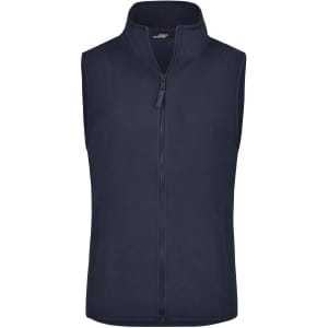 A navy microfleece vest featuring a full zip and a high collar, with a logo on the front.