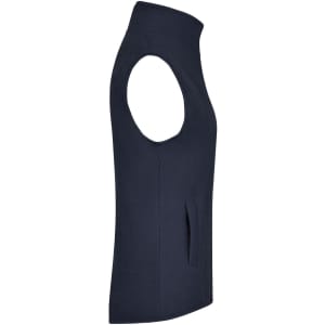 A navy blue microfleece vest with a high collar and pockets, featuring a brand logo.