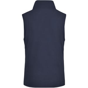 A navy microfleece vest with a high collar and no sleeves, featuring subtle seams and a branding logo.