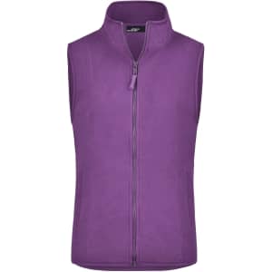 A purple microfleece vest with a zip front and a high collar, featuring a logo. Suitable for layering.