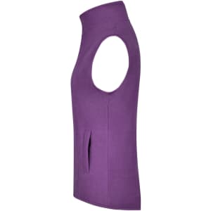 A purple microfleece vest with a high collar and side pockets, featuring a branding logo.