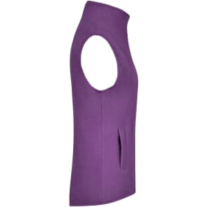 A purple microfleece vest with a high collar and a side pocket, featuring a logo.