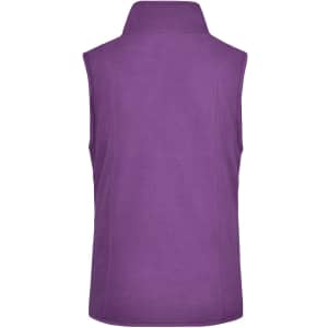 A purple microfleece vest with a high collar, featuring a logo on the back.