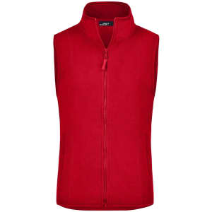 A red microfleece vest with a zip front and a high collar, featuring a logo.