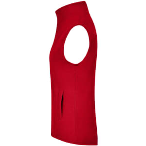 A red microfleece vest with a high neck and side pockets, featuring a logo.