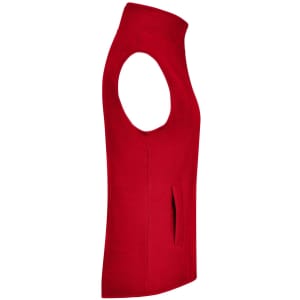 A red microfleece vest with no sleeves and side pockets, featuring a high collar and a simple design.