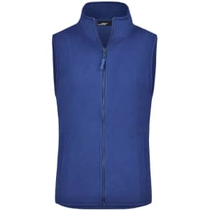 A blue microfleece vest with a zip front and no sleeves, featuring a logo on the upper area.