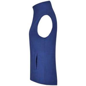 A blue microfleece vest with a high collar and side pockets, featuring a logo. Suitable for layering.