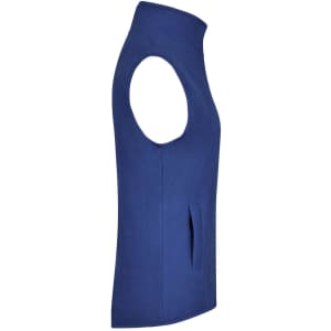 A blue microfleece vest with a high collar and side pockets, featuring a logo.