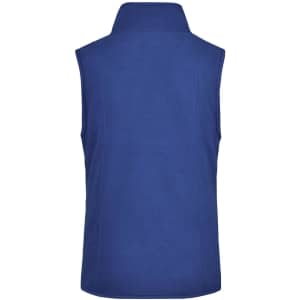A blue microfleece vest with a high collar and no sleeves, featuring a logo on the back.