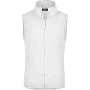 A white microfleece vest with a zip front and no sleeves, featuring side pockets and a logo.