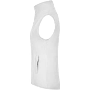 A white microfleece vest with no sleeves and a side pocket, featuring a logo.