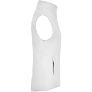 A white microfleece vest with no sleeves, featuring a high collar and a side zip pocket.