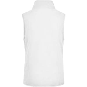 A white microfleece vest with a high collar, featuring a logo on the back. No sleeves are visible.