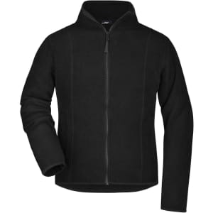 A black microfleece jacket featuring a zip front and a stand-up collar, with a logo on the chest.