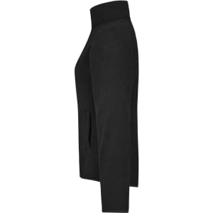 A black microfleece jacket featuring a high collar and side pockets, with a simple design and no visible branding.
