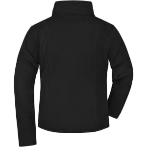 A black microfleece jacket with a high collar and long sleeves, featuring a logo on the back.
