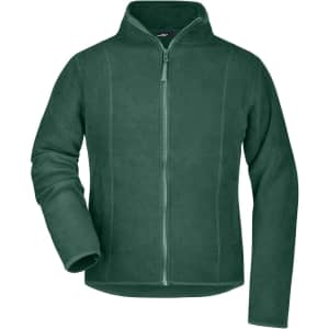 A green microfleece jacket with a zippered front and a collar, featuring one branding logo on the chest.
