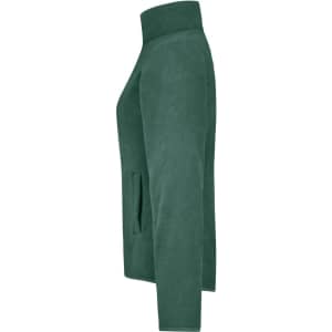 A green microfleece jacket featuring a high collar and side pockets, with a logo visible.