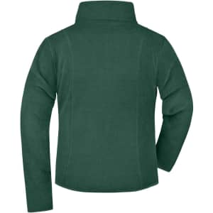 A green microfleece jacket with a high collar and long sleeves, featuring a logo on the back.